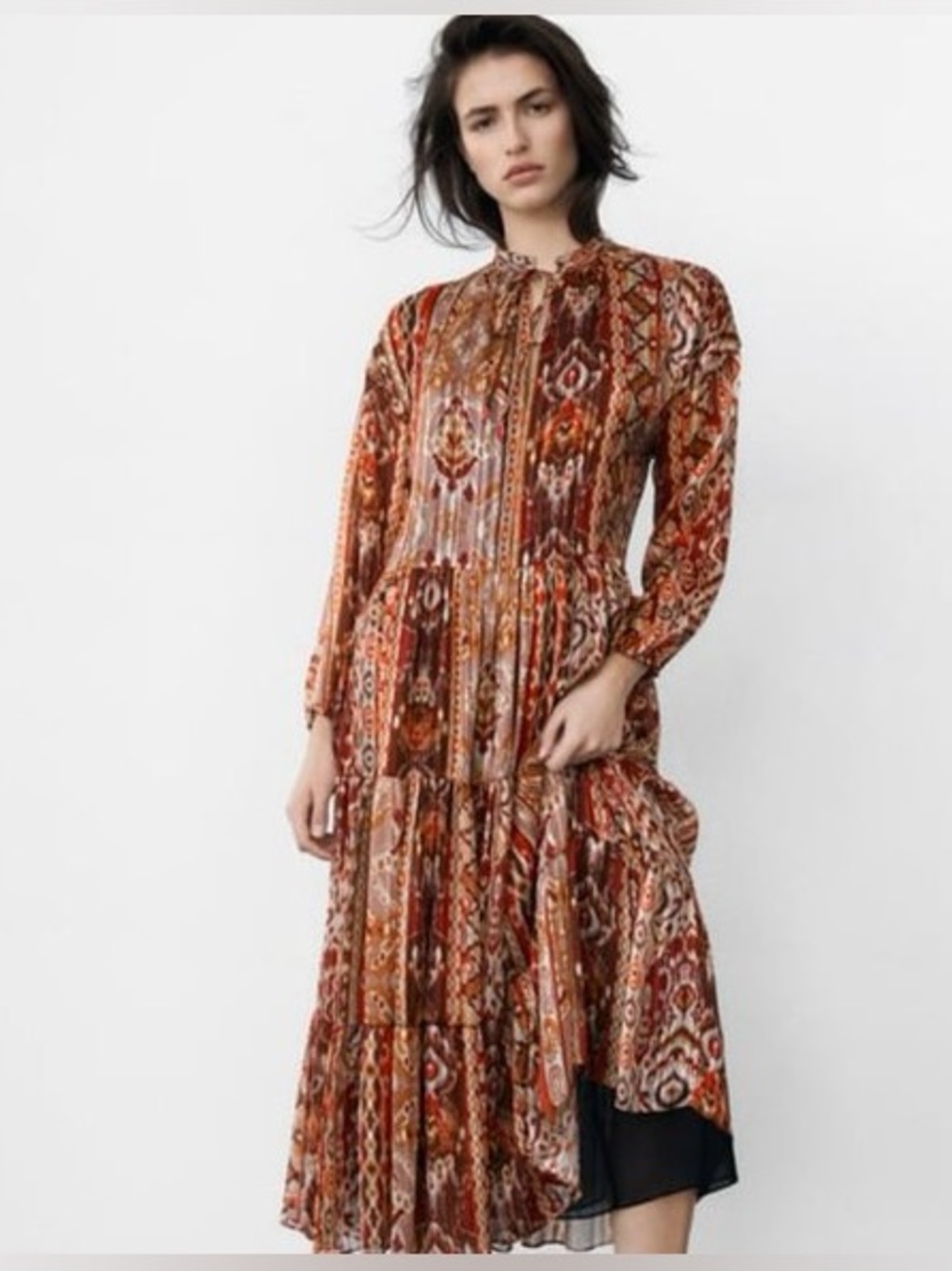 Zara Ikat Metallic Tiered Maxi Dress M Boho Fall Long Sleeve High Neck Festival